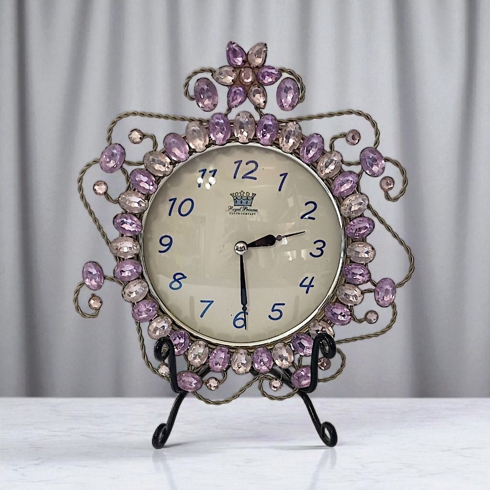 Royal Princess Clock Co Jeweled Clock Pink Purple Gems Silver Tone Scroll Quartz